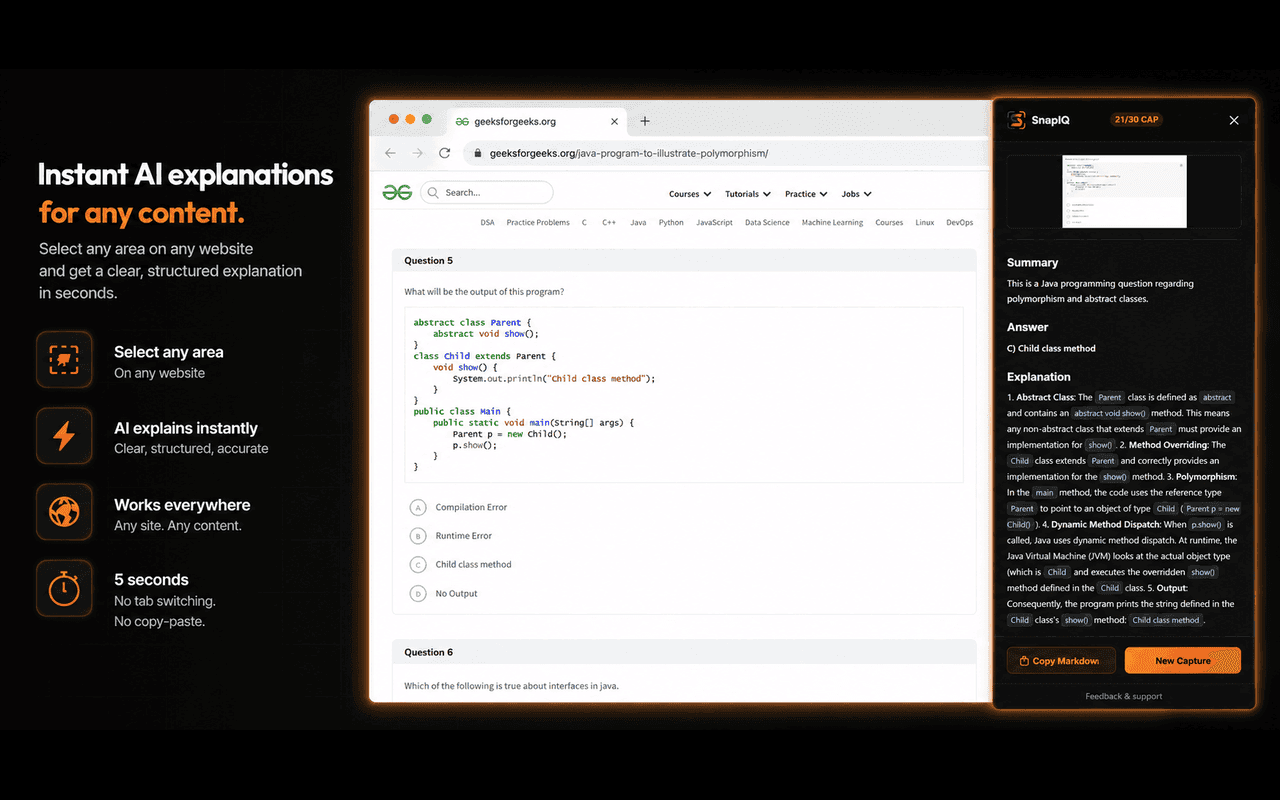 SnapIQ in action — capturing a code snippet and generating an instant AI explanation
